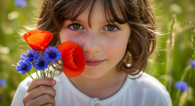 Close up portrait of a young girl holding red poppies and blue cornflowers. Child with freckles looking at camera with wildflowers