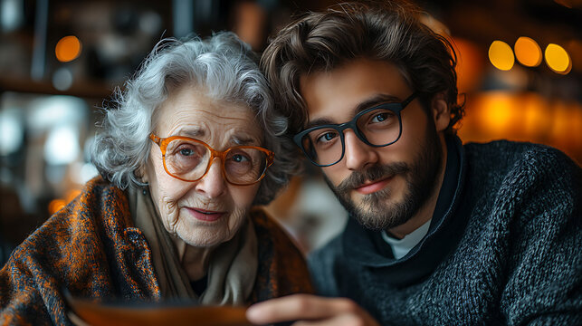 Candid shot of elderly woman with young man discussing creative ideas together 