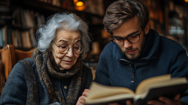 Candid shot of elderly woman with young man discussing creative ideas together 