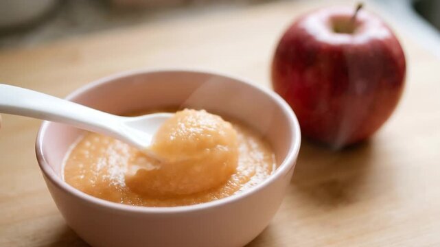A close up view of healthy baby food in a small bowl with a red apple created as high quality ai video
