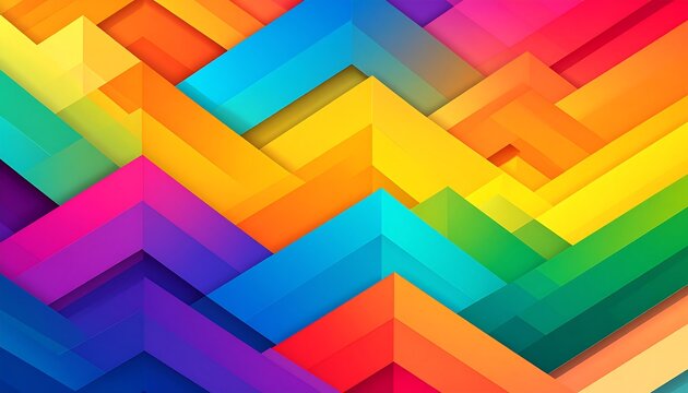 A vibrant abstract image featuring layered, chevron-patterned 3D shapes in a rainbow of colors