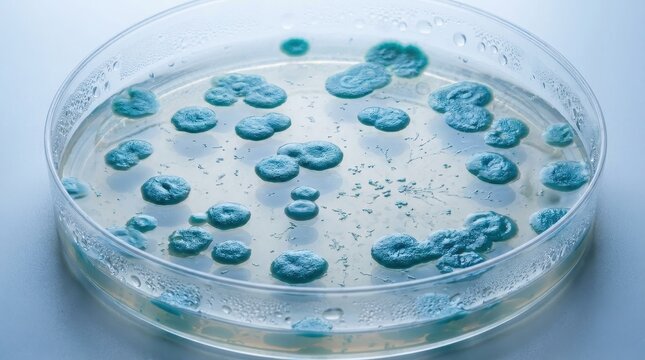 Vibrant blue bacterial colonies growing in a petri dish in a laboratory setting