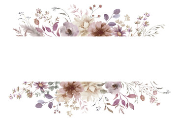 Watercolor Floral Horizontal Border, Elegant Dusty Pink and Purple Flower Garland, Boho Botanical Card Header, Wildflower Invitation Template. Vector EPS. © Alla