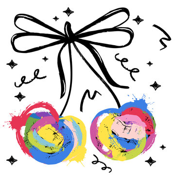 Vector colorful watercolor cherry with black bow ribbon. Trendy creative design element for fashion prints, poster