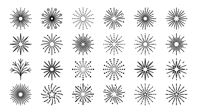 Retro sunburst and starburst collection, 24 black line fireworks icons, geometric radial explosion vector set for celebration and logo design
