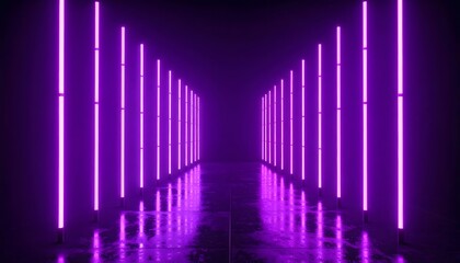 Purple neon light beams in dark space.