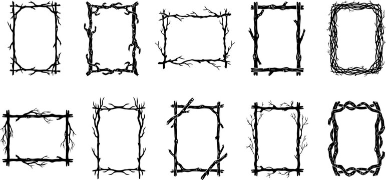 Nine hand drawn branch frames rustic twig borders black and white vector set