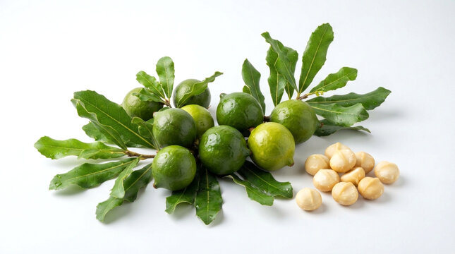 Fresh green macadamia nuts and shelled kernels pile on white surface