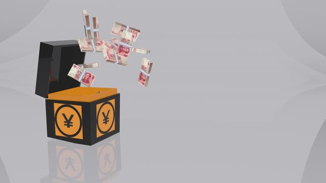 3d animation of a chinese yuan renminbi gift box opening and releasing stacks of rmb banknotes.