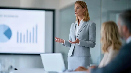 Professional business woman confidently presenting data charts in a modern corporate meeting room © Generative AI