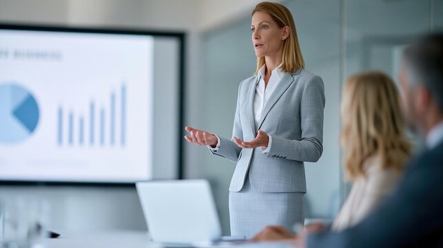 Professional business woman confidently presenting data charts in a modern corporate meeting room