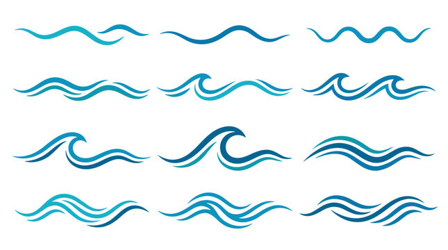 Collection of various blue wavy lines and curves representing water waves or flowing motion
