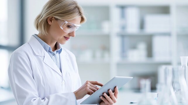 Scientist in laboratory coat using tablet computer for research, wearing safety goggles, focused on digital data