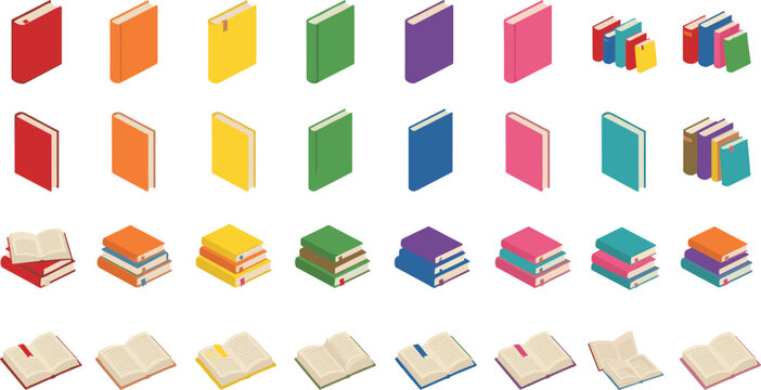 Colorful Isometric Book Icon Set with Open Books, Closed Books, Book Stacks, Reading, Education, Library, and Learning Elements