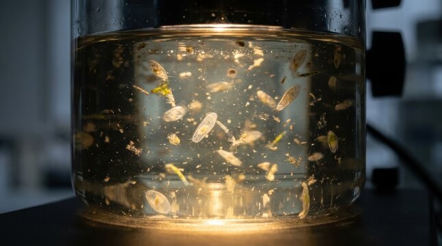 Microscopic View of Diverse Microorganisms Suspended in Water, Revealing the Intricate World of Aquatic Life.