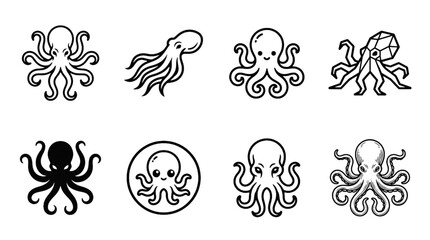 Black Octopus Vector Icon Set Featuring Minimalist Marine Creatures with Tentacles in Flat Design Style © B