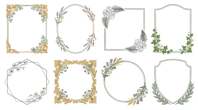 Collection of elegant vintage floral and botanical frame designs for invitations and decor