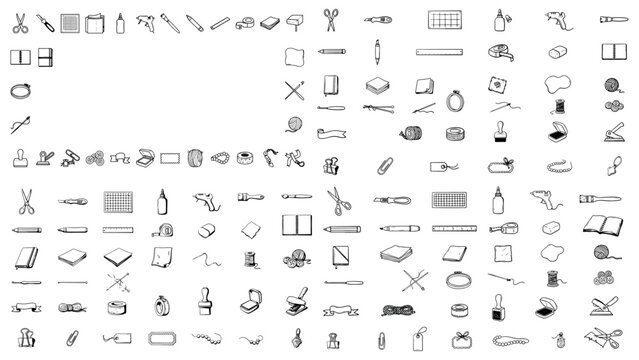 Craft and sewing tool icons collection with needle thread scissors and hobby equipment set.