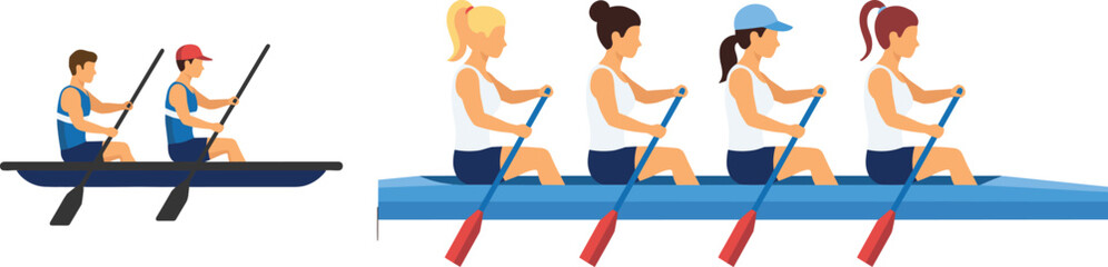 Rowing Team Illustration with Men and Women in Boat Paddling Together Sport Activity Vector Design © MDPappu