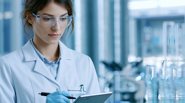 Focused female scientist in lab coat and safety goggles examining data on digital tablet with advanced equipment in background