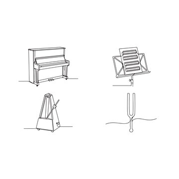 Set of four musical instruments including a piano, cymbal stand, xylophone and tuning fork in black and white