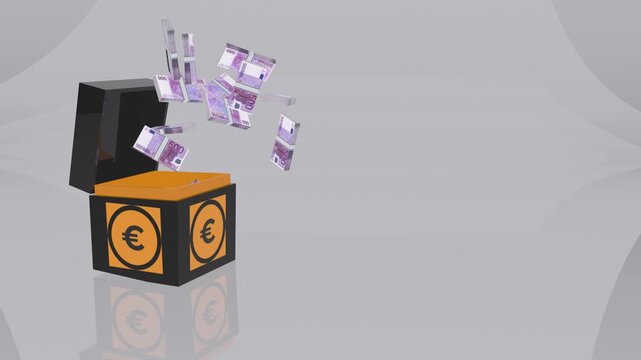 3d animation of a euro gift box opening and releasing stacks of eur banknotes.