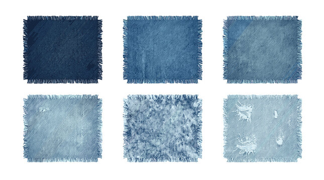 Six textured denim fabric swatches with different shades and patterns for design or craft projects