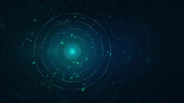 Abstract futuristic digital hud interface with glowing blue circular particles and data visualization elements