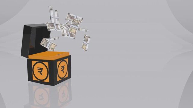3d animation of an indian rupee gift box opening and releasing stacks of inr banknotes.