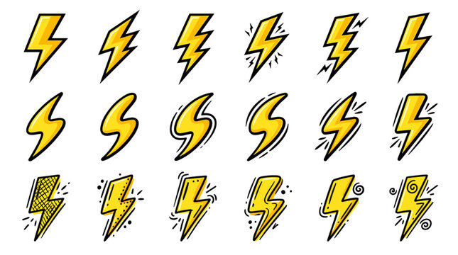 Collection of yellow lightning bolt icons in various styles and designs for graphic projects