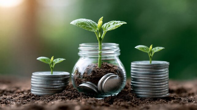 Growing plants in coins symbolizes financial growth and sustainability.