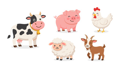 Naklejka premium Set of five farm animals including cow pig chicken sheep and goat
