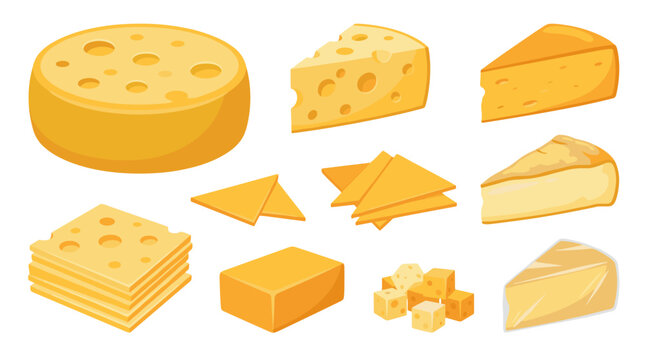Assorted cheese variety including wheel block slices and shredded cheese
