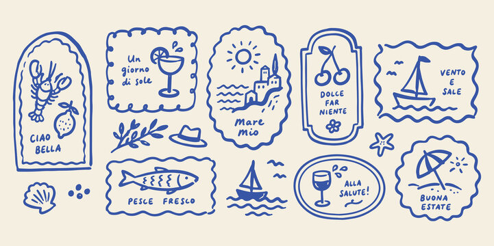 Italian Summer Labels Doodle Set Vector Illustration
