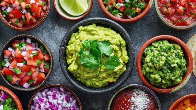 Mexican guacamole and salsa bowls with pico de gallo lime and tortillas on dark stone surface overhead view