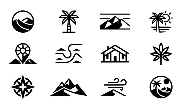 Modern abstract generic desert symbol vector clipart set with minimalist clean outline unbranded travel brand oasis sand dunes monogram and cosmic nature logo graphics black and white