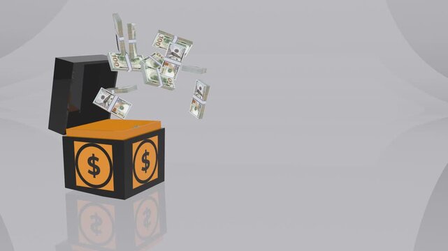 3d animation of a us dollar gift box opening and releasing stacks of usd banknotes.