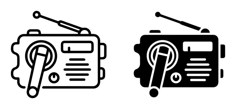 2 Radio icons, portable receiver, broadcast, vintage audio, outline solid styles, UI and web interface design