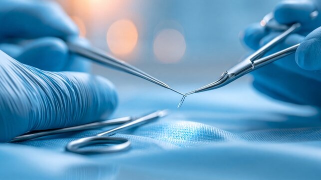Precision surgical tools in use during a medical procedure.