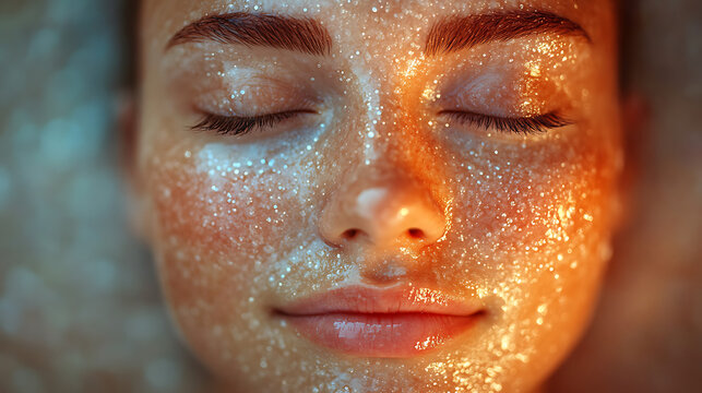 Peaceful face during facial massage therapy session under soft glowing light 
