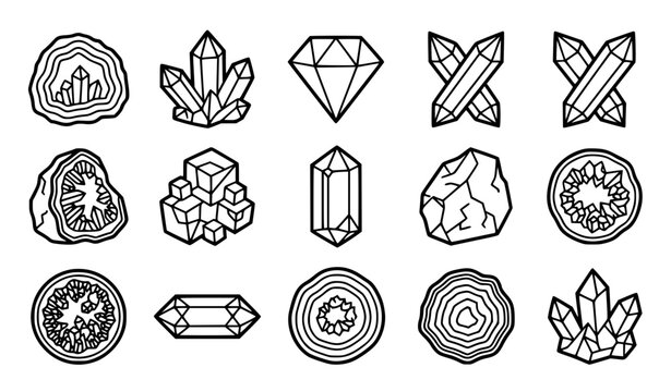 Generic natural gemstone geodes and crystals vector icon set with simple bold line art classic complete unbranded mineral cluster sliced geode rock geometric crystal facet and raw gemstone clip art bl