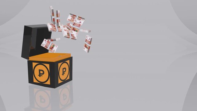 3d animation of a russian ruble gift box opening and releasing stacks of rub banknotes.