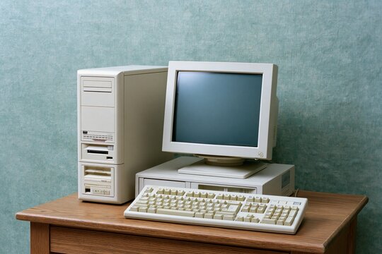The Vintage Desktop Computer Setup with CRT Monitor and Keyboard on Desk