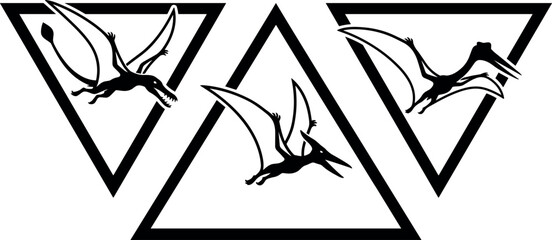 Collection of flying pterosaur silhouettes arranged within triangular frames for graphic. © Abu Siddik