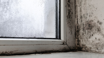 Dirty window frame with mold and peeling paint, window detail closeup, home renovation concept, interior damage problem. wall texture, daylight natural light. Old window corner with moisture stains. © Olena Vasylieva