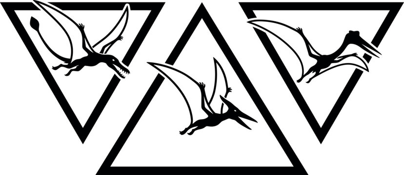 Collection of flying pterosaur silhouettes arranged within triangular frames for graphic.