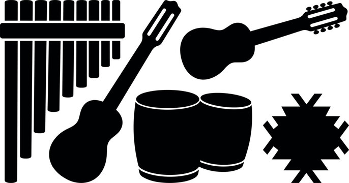 Andean musical instruments silhouette collection featuring pan flute guitar drums ornament.