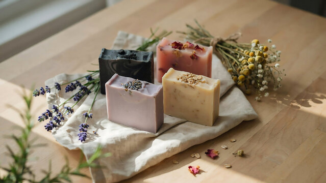 Colorful handmade soap bars with herbs on a wooden table indoors