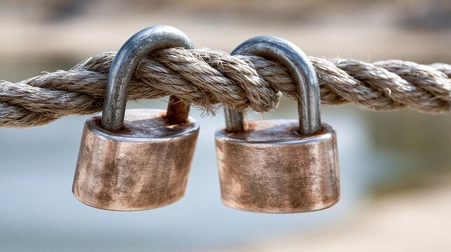 Two metallic locks secured on a rope by the water's edge.