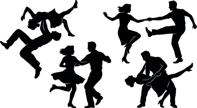 Couple dancing set showing pairs of men and women performing various ballroom moves now.
